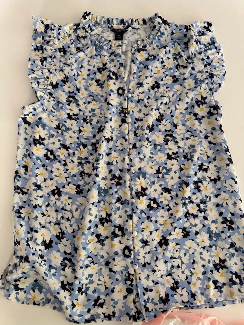 Ann Taylor Light Blue Floral Ruffle-Sleeve Blouse